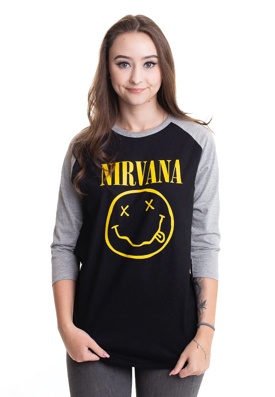 Nirvana - Yellow Happy Face Black/ Grey - Longsleeve - Image 3